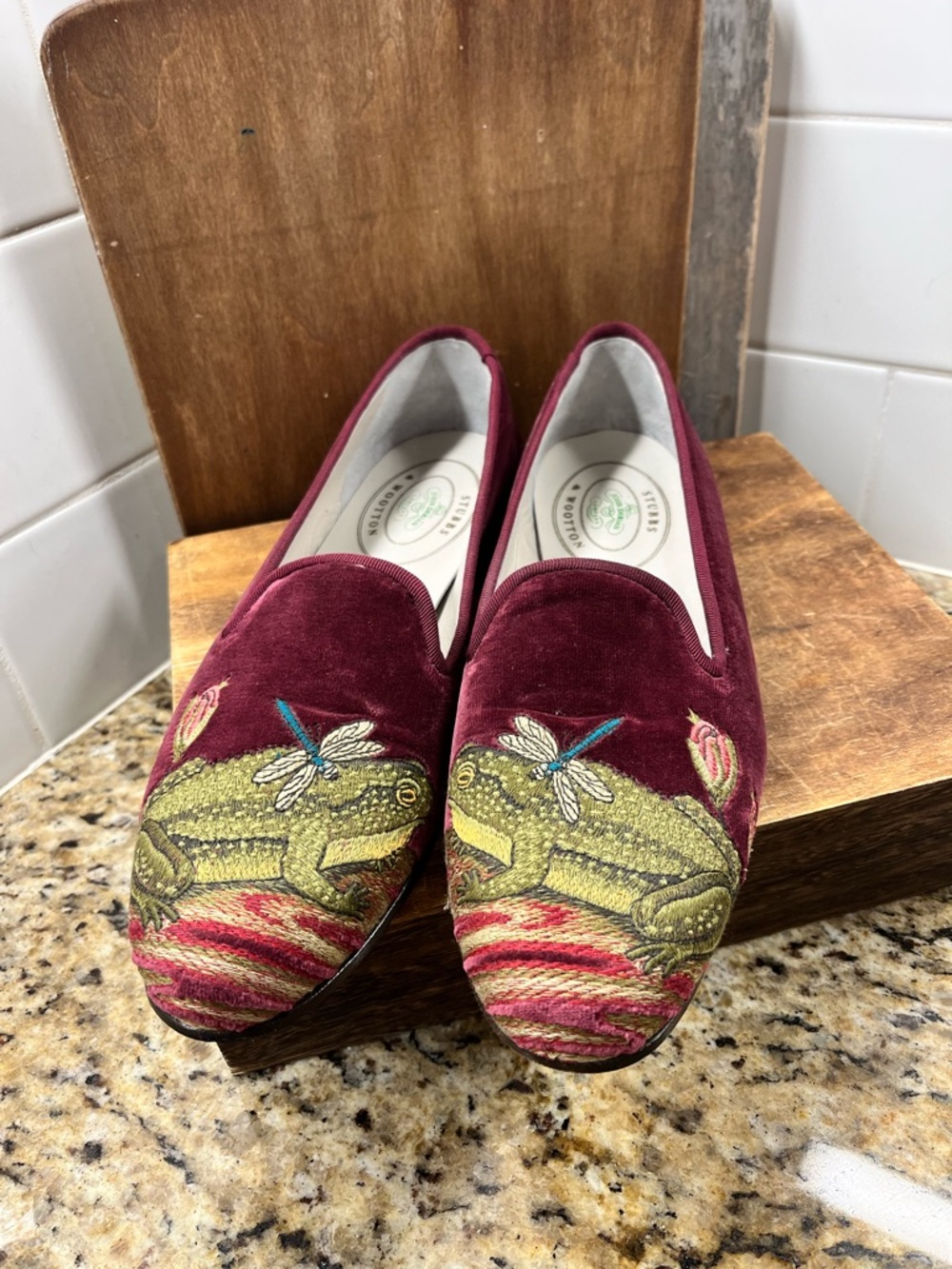 $650 John Derian Velvet Slippers Loafers - Frog & Dragonfly Detail